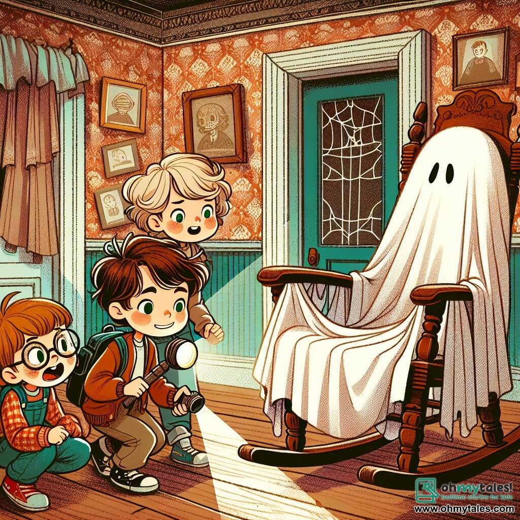 Une illustration sous forme de dessin destinée aux enfants représentant l'intérieur d'une vieille maison hantée, avec des murs recouverts de papier peint décoloré et des meubles recouverts de draps blancs, où un garçon de 11 ans aux cheveux bruns en bataille et aux yeux verts pétillants, tenant une lampe de poche, explore courageusement une chambre poussiéreuse, accompagné de deux amis : une fille aux lunettes et aux cheveux châtains qui regarde autour d'elle avec curiosité, et un garçon aux cheveux blonds qui fait une grimace amusante, alors qu'ils découvrent un vieux rocking-chair qui se balance mystérieusement, évoquant une ambiance d'aventure et de mystère d'Halloween.