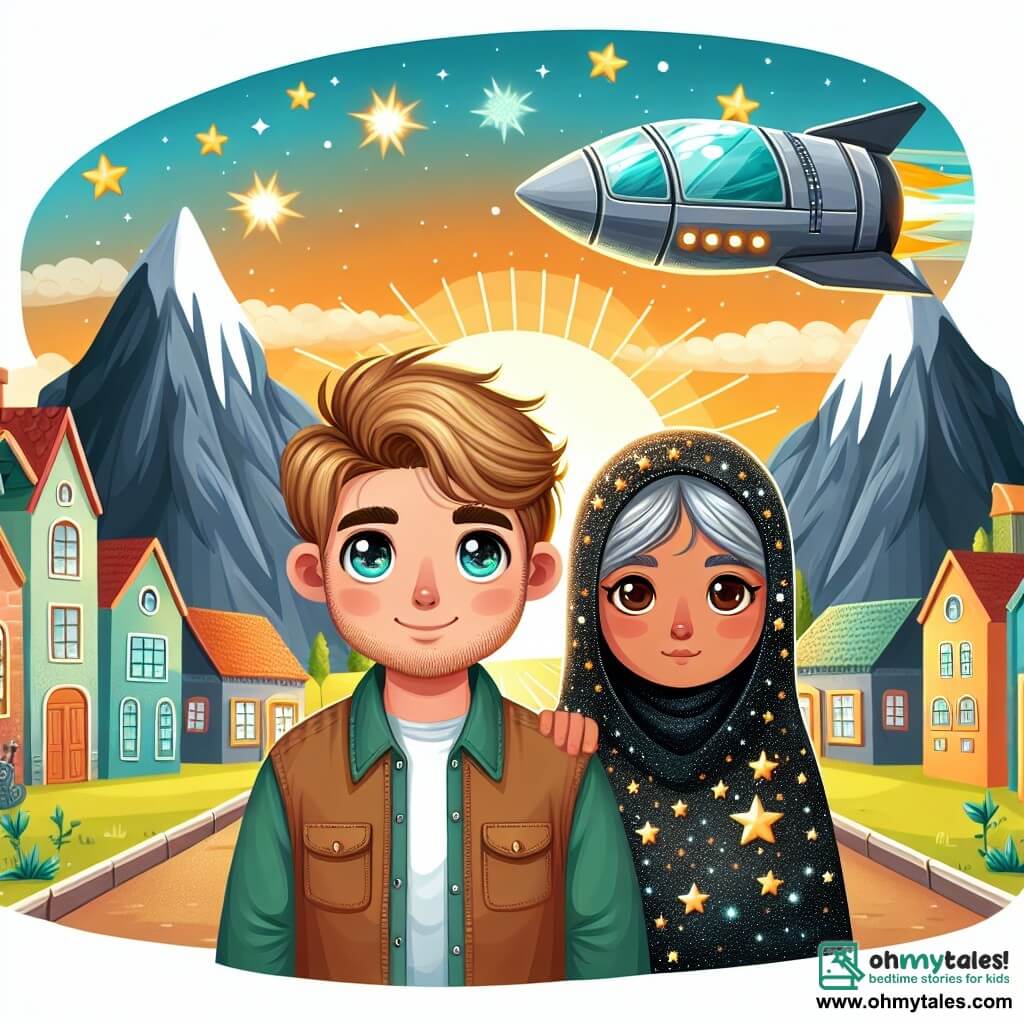 Une illustration destinée aux enfants représentant un homme aux yeux pétillants de curiosité, se tenant devant un vaisseau spatial scintillant, accompagné d'une mystérieuse étrangère enveloppée d'un manteau d'étoiles, dans une petite ville aux maisons colorées, entourée de montagnes majestueuses et baignée par la lumière dorée du soleil couchant.