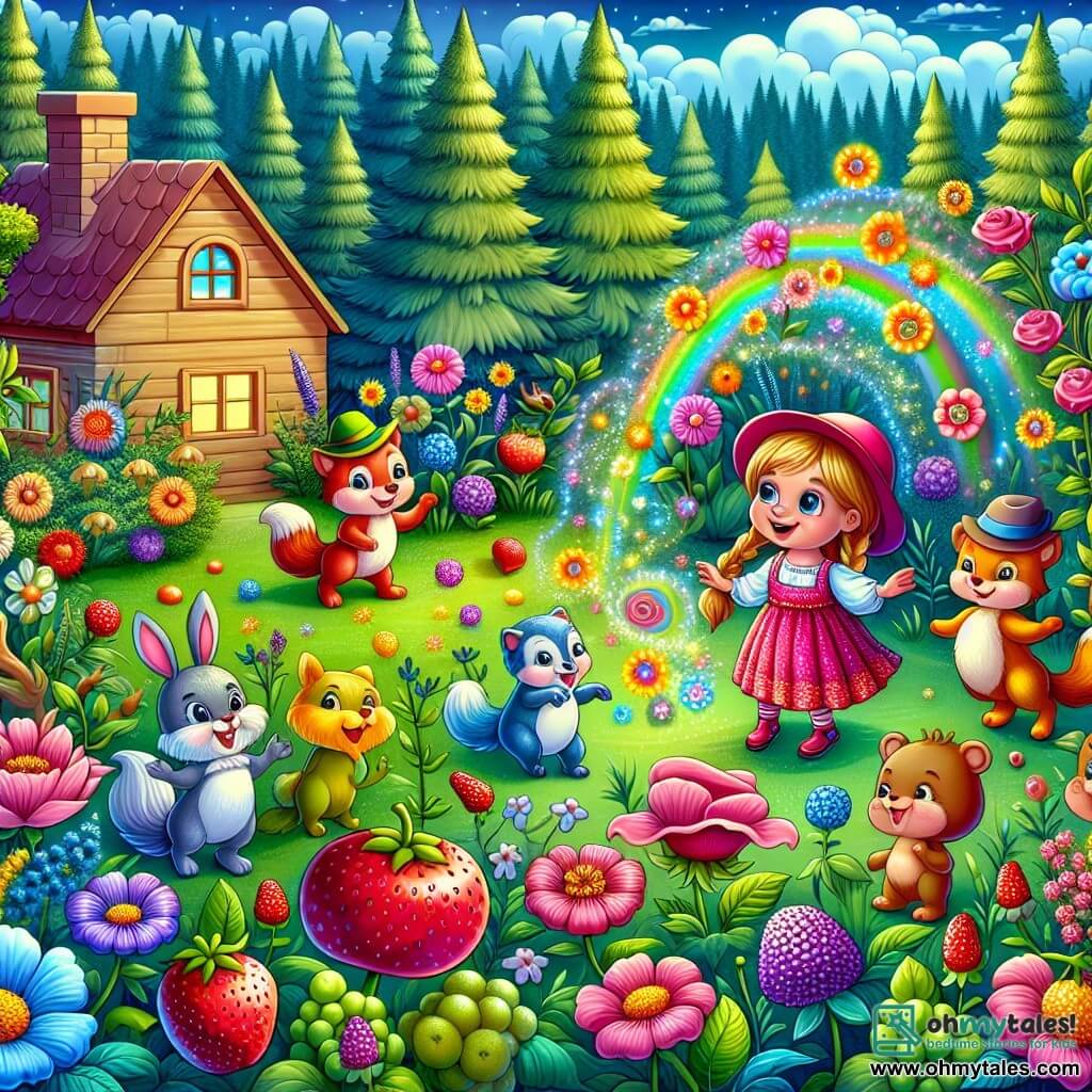 Une illustration destinée aux enfants représentant une fillette intrépide découvrant un jardin magique rempli de fleurs dansantes, d'animaux parlants portant des chapeaux et de délicieux fruits aux saveurs surprenantes, situé près d'une petite maison près des bois.