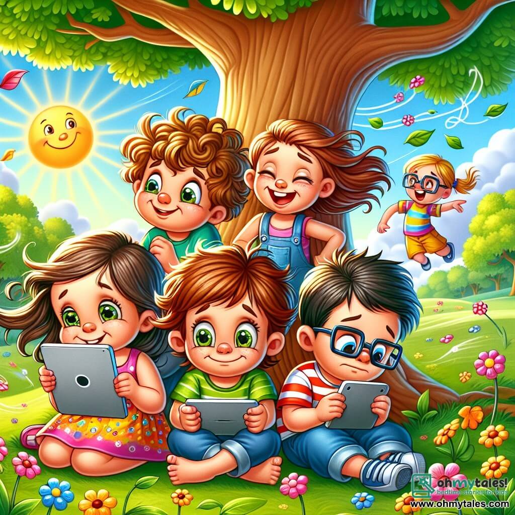 An illustration depicts a sunny park with lush trees and colorful flowers swaying in the wind. In the center, a group of four children gathers around a large oak tree. There is an eight-year-old boy with curly hair and sparkling eyes, smiling while holding a tablet. Next to him, an eight-year-old girl with long brown hair, wearing a colorful dress, eagerly looks at her screen. Another boy, also eight, has short hair and wears a striped t-shirt, tapping on his tablet with a focused expression. Finally, an eight-year-old girl with glasses and a ponytail looks up from her screen, appearing hesitant. The scene shows the children absorbed in their screens, with expressions of joy and excitement, but also a hint of sadness in the glasses girl's eyes, as if she wonders if there's something else to do. In the background, sunlight filters through the leaves, creating a warm and inviting atmosphere, while a small dog plays in the grass, adding a touch of life to the illustration.