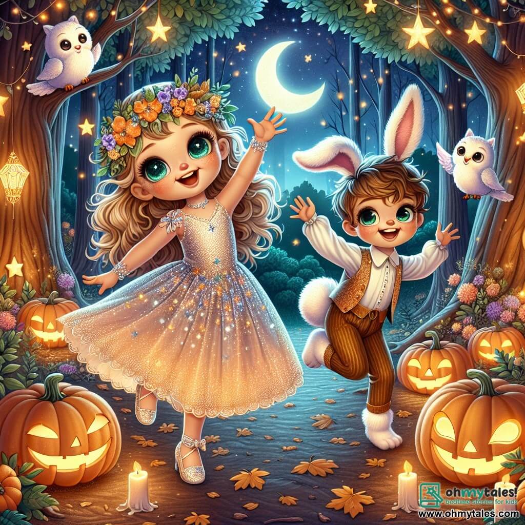 An illustration depicting a magical Halloween scene in an enchanted forest. The tall, majestic trees have leaves that shimmer with a golden glow under the moonlight. Glowing pumpkins are scattered on the ground, illuminating the path with their soft orange light. 

In the center, a 3-year-old girl with sparkling eyes and curly hair wears a shimmering costume adorned with stars and moons. She joyfully dances with her arms raised to the sky, a radiant smile on her face. 

Next to her, a 4-year-old boy with bunny ears and a bunny costume jumps for joy. His fur is soft and fluffy, and he has a mischievous look. 

In the background, a shiny-feathered owl perched on a branch watches the scene with amusement. 

The atmosphere is filled with magic, featuring twinkling stars in the night sky and friendly ghosts floating around, adding a touch of mystery and joy to this Halloween celebration.