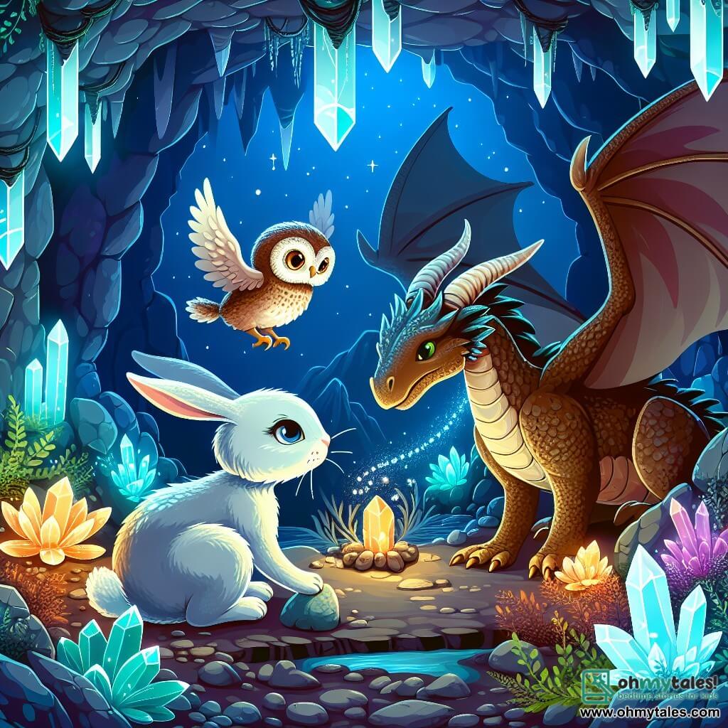 Une illustration destinée aux enfants représentant un lapin curieux, une rencontre magique avec un dragon, un sage hibou et un monde souterrain scintillant de cristaux et de plantes lumineuses, où se déroule toute l'aventure.