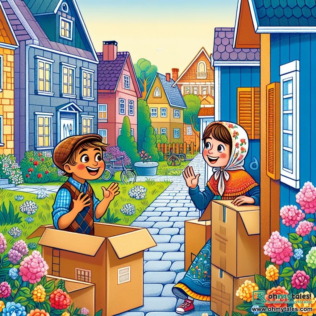 Une illustration destinée aux enfants représentant un jeune garçon curieux et enthousiaste, faisant la rencontre d'une nouvelle voisine timide derrière des boîtes de déménagement, dans une rue colorée bordée de maisons aux jardins fleuris, évoquant ainsi la situation principale de l'histoire sur la tolérance.