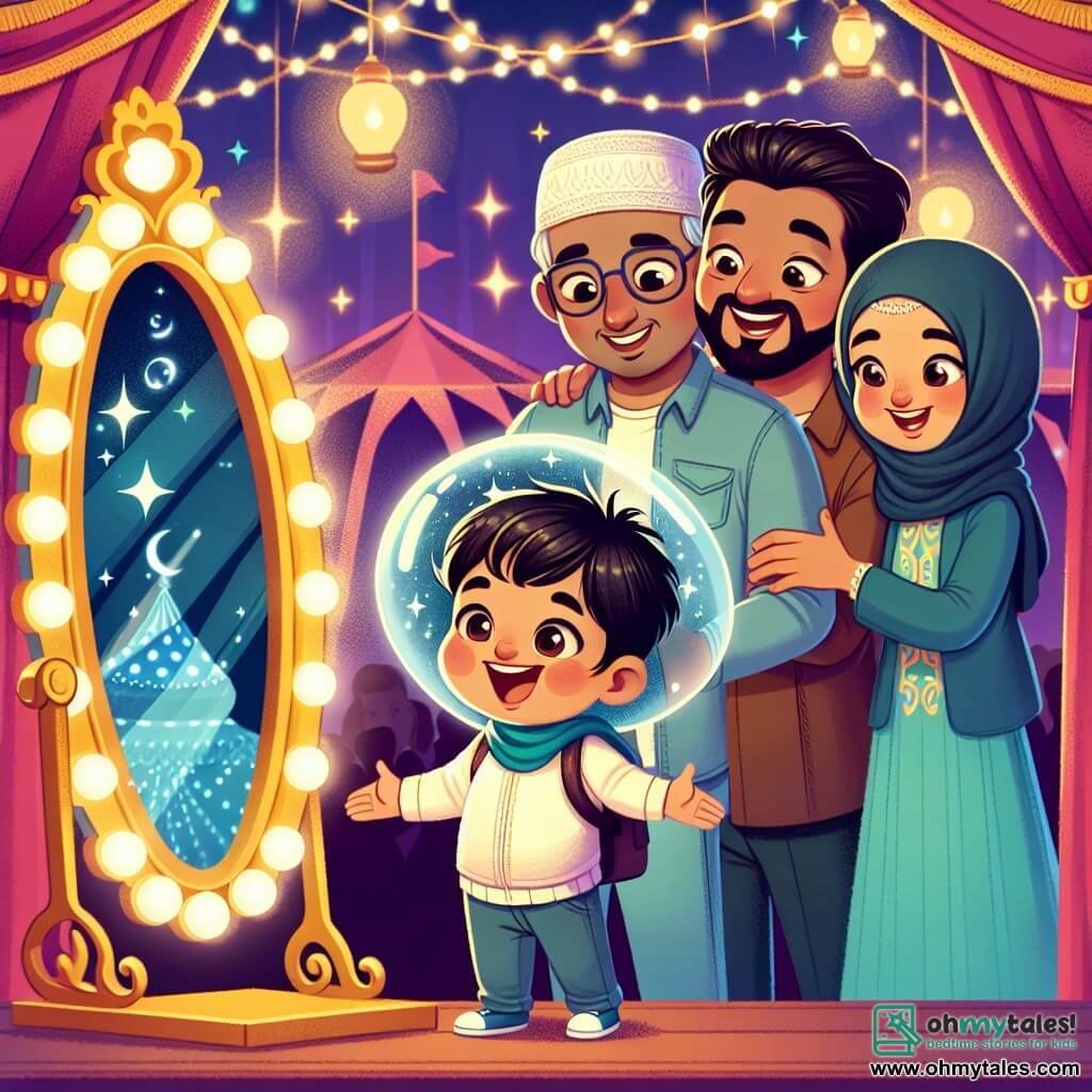 Une illustration destinée aux enfants représentant un petit garçon émerveillé par un mystérieux miroir magique lors d'une aventure au carnaval, accompagné de ses parents, dans une tente scintillante ornée de miroirs étincelants et de lumières chatoyantes.