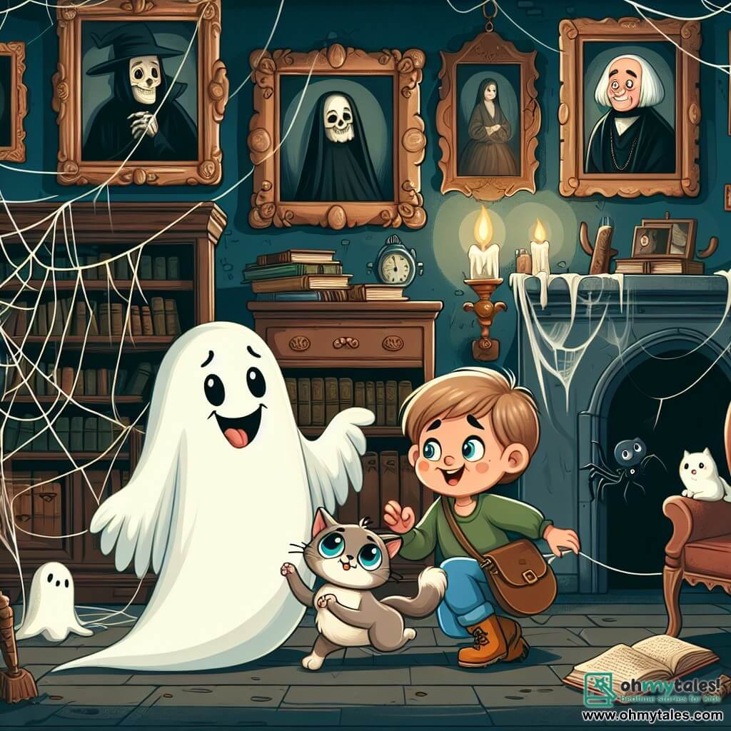 Une illustration destinée aux enfants représentant un fantôme farceur, accompagné d'un adorable chat parlant, dans une mystérieuse maison hantée remplie de portraits anciens, de meubles poussiéreux et de toiles d'araignées.