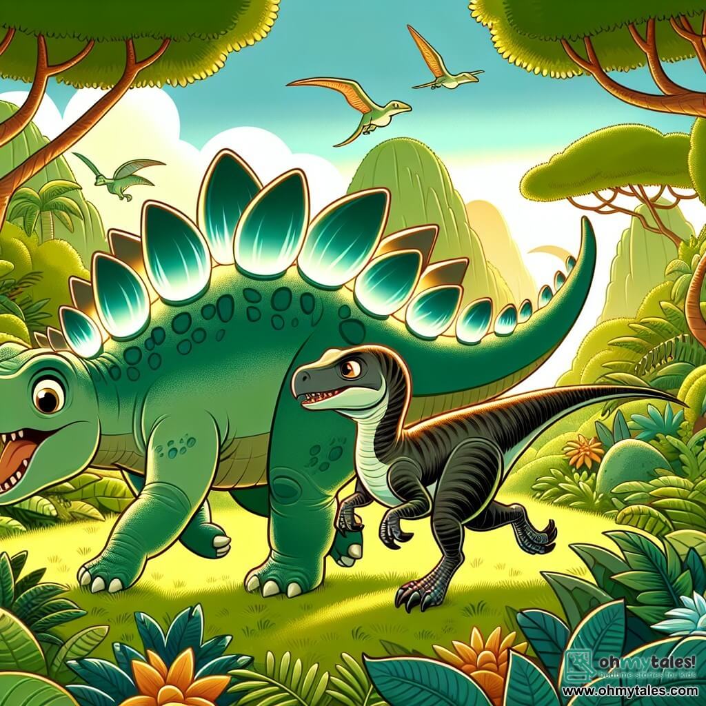 Une illustration destinée aux enfants représentant un jeune stégosaure avec des plaques lumineuses, accompagné d'une véloce vélociraptor femelle, explorant une vallée luxuriante et verdoyante peuplée de dinosaures de toutes sortes.