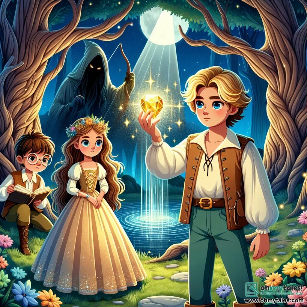 Illustration destinée aux enfants représentant un prince courageux, aux cheveux dorés brillants comme le soleil et aux yeux d'un bleu profond, se tenant fermement au centre d'une clairière enchantée, entourée de grands arbres aux troncs noueux et aux feuilles scintillantes, tandis qu'un rayon de lune éclaire un étang magique. À ses côtés, une princesse intrépide, avec des cheveux bruns ondulés et un arc en bois délicatement sculpté, se tient prête à défendre leur royaume, tandis qu'un jeune érudit, aux lunettes rondes et aux vêtements de couleur terre, feuillette un ancien grimoire à la recherche de sages conseils. La scène dépeint le moment crucial où le prince lève une pierre précieuse étincelante, symbole d'espoir, face à une sorcière maléfique, dont l'ombre menaçante se profile derrière eux, enveloppée dans un nuage de ténèbres. Des fleurs colorées éclosent autour d'eux, contrastant avec l'obscurité, tandis que des éclairs de lumière jaillissent de la pierre, illuminant leurs visages déterminés.