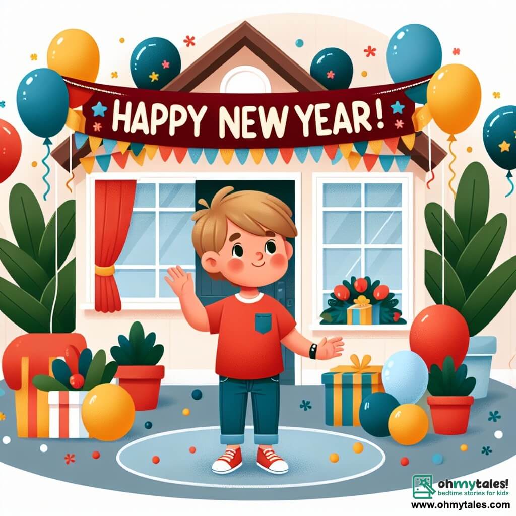 Une illustration destinée aux enfants représentant un joyeux petit garçon, vêtu d'une chemise rouge éclatante et de jeans bleus, qui participe à une fête du nouvel an dans une maison voisine, où des ballons colorés, des guirlandes et une grande bannière "Bonne année !" décorent l'intérieur, créant une atmosphère festive et chaleureuse.