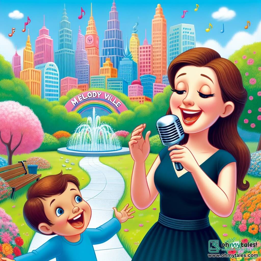 Une illustration destinée aux enfants représentant une jeune femme au talent vocal exceptionnel, accompagnée d'un petit garçon enthousiaste, chantant joyeusement dans le parc en fleurs de Melodyville, une ville colorée et animée où la musique résonne à chaque coin de rue.