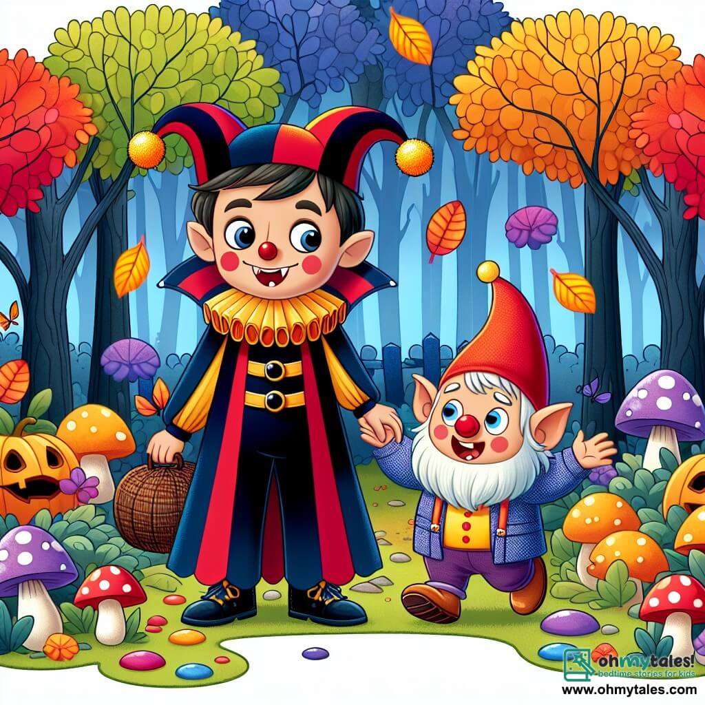 Une illustration destinée aux enfants représentant un vampire rigolo dans son costume de clown, accompagné d'un gnome farceur, se promenant dans une forêt enchantée remplie d'arbres aux feuilles multicolores et de champignons lumineux, à la recherche d'une idée pour sa tenue d'Halloween.