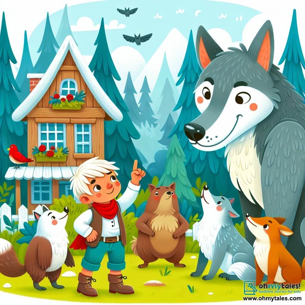 Une illustration destinée aux enfants représentant un petit garçon courageux affrontant un grand méchant loup, accompagné de ses amis animaux, dans un village pittoresque au cœur de la forêt.