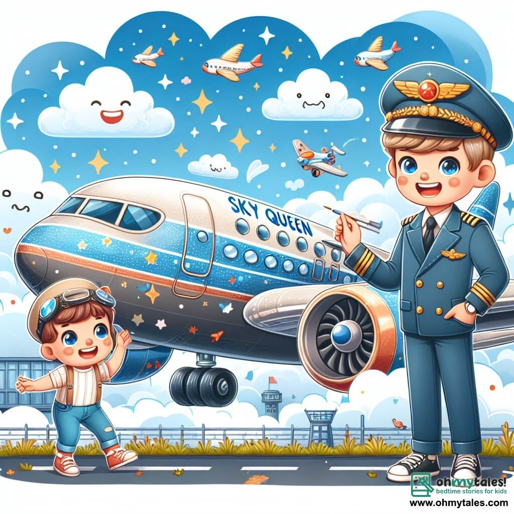 Une illustration destinée aux enfants représentant un homme pilote d'avion passionné, accompagné d'un garçon curieux, explorant l'intérieur d'un grand avion brillant nommé Sky Queen, avec des ailes étincelantes et des roues solides, sur le tarmac animé d'un aéroport entouré de nuages moelleux et d'oiseaux joyeux.