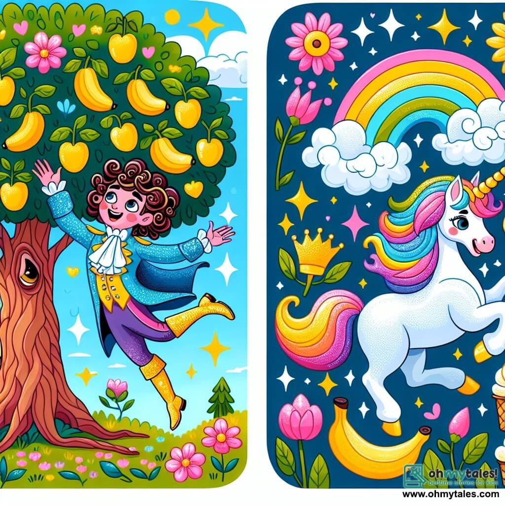 Une illustration sous forme de dessin destinée aux enfants représentant un royaume enchanté avec des arbres dansants et des fleurs colorées, où un prince joyeux aux cheveux bouclés et portant des bottes scintillantes saute avec enthousiasme vers un arbre aux branches chargées de bananes dorées, tandis qu'à ses côtés, une licorne aux couleurs de l'arc-en-ciel, avec une crinière étincelante, bondit de joie, et tous deux rient ensemble en rêvant de préparer une énorme coupe de glace à la banane.