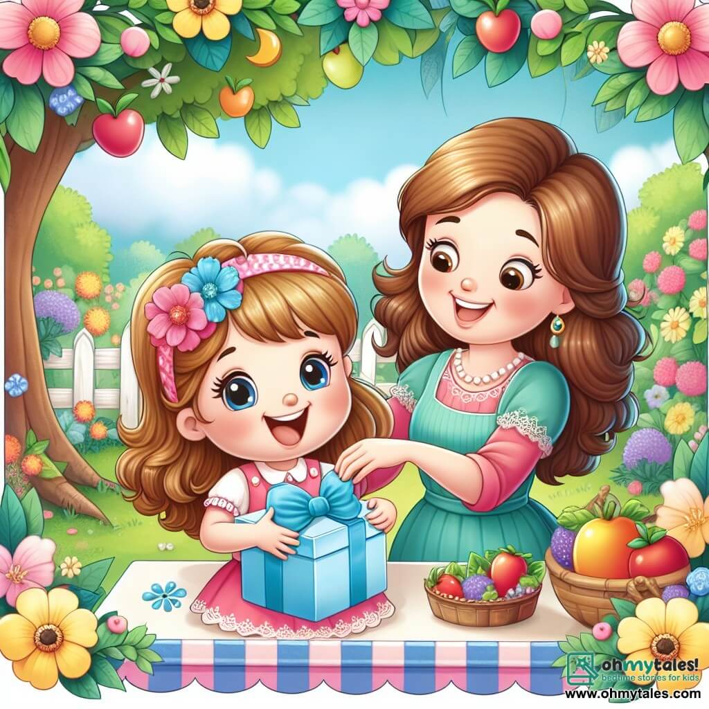 Une illustration destinée aux enfants représentant une fillette rayonnante préparant une surprise pour sa maman le jour de la fête des mères, avec sa douce maman comme personnage secondaire, dans un jardin enchanteur rempli de fleurs colorées et d'arbres fruitiers.