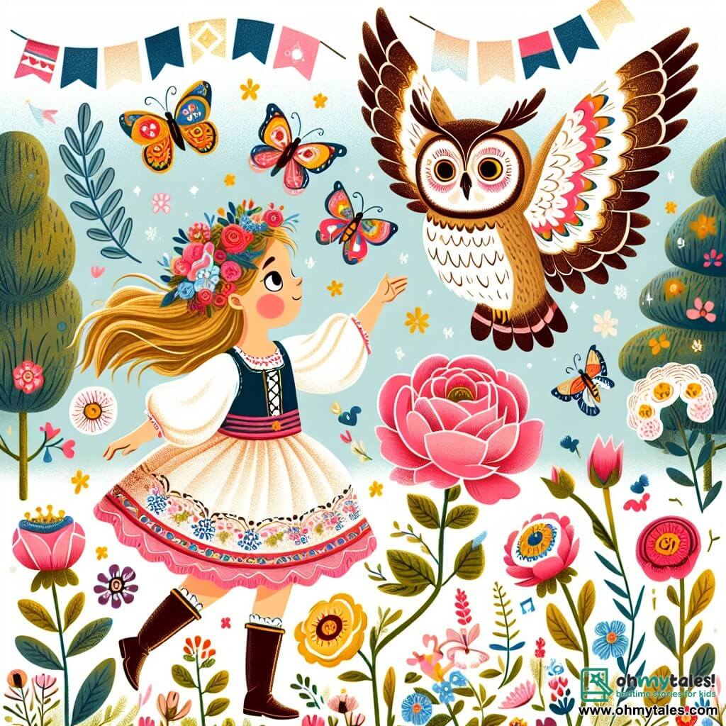 Une illustration destinée aux enfants représentant une fille courageuse, une amitié improbable avec un hibou sage, et un jardin enchanté rempli de fleurs colorées, de papillons virevoltants et de roses en fleurs.