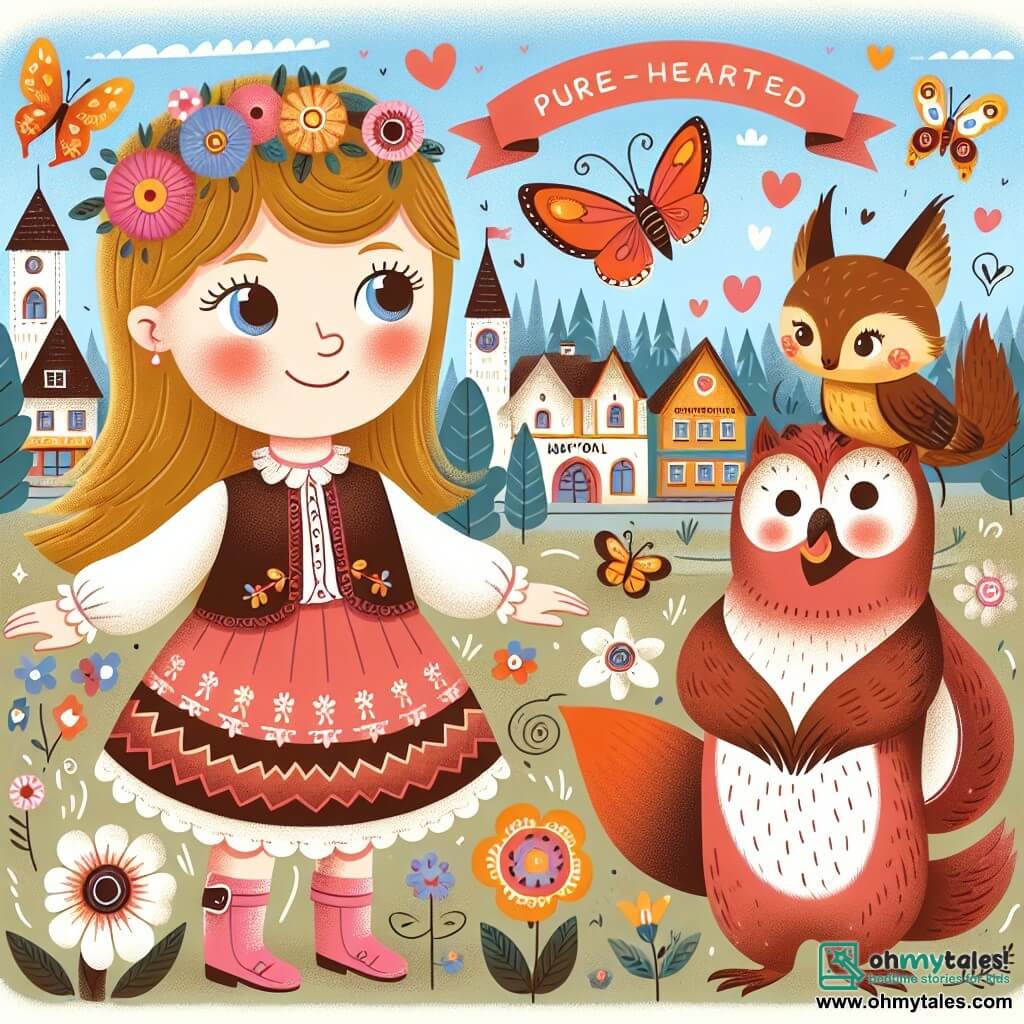 Une illustration destinée aux enfants représentant une jeune fille au cœur pur, candidate à la mairie dans une ville animée, accompagnée de ses amis animaux, un hibou sage et un écureuil espiègle, où des fleurs colorées dansent au vent et des papillons virevoltent joyeusement.