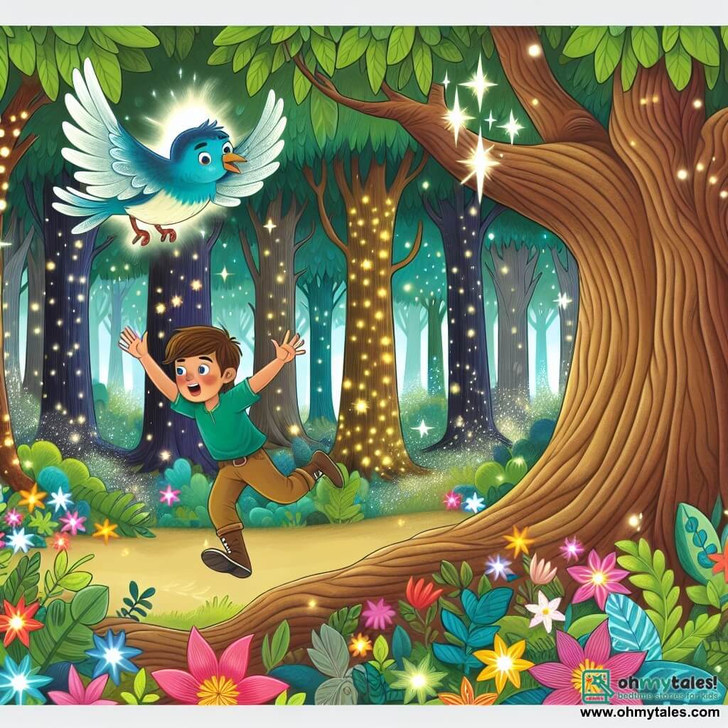 Une illustration destinée aux enfants représentant un jeune garçon intrépide défiant les lois de la gravité avec l'aide d'un oiseau parlant dans une forêt enchantée remplie d'arbres géants aux feuilles chatoyantes et de fleurs lumineuses aux couleurs vives.