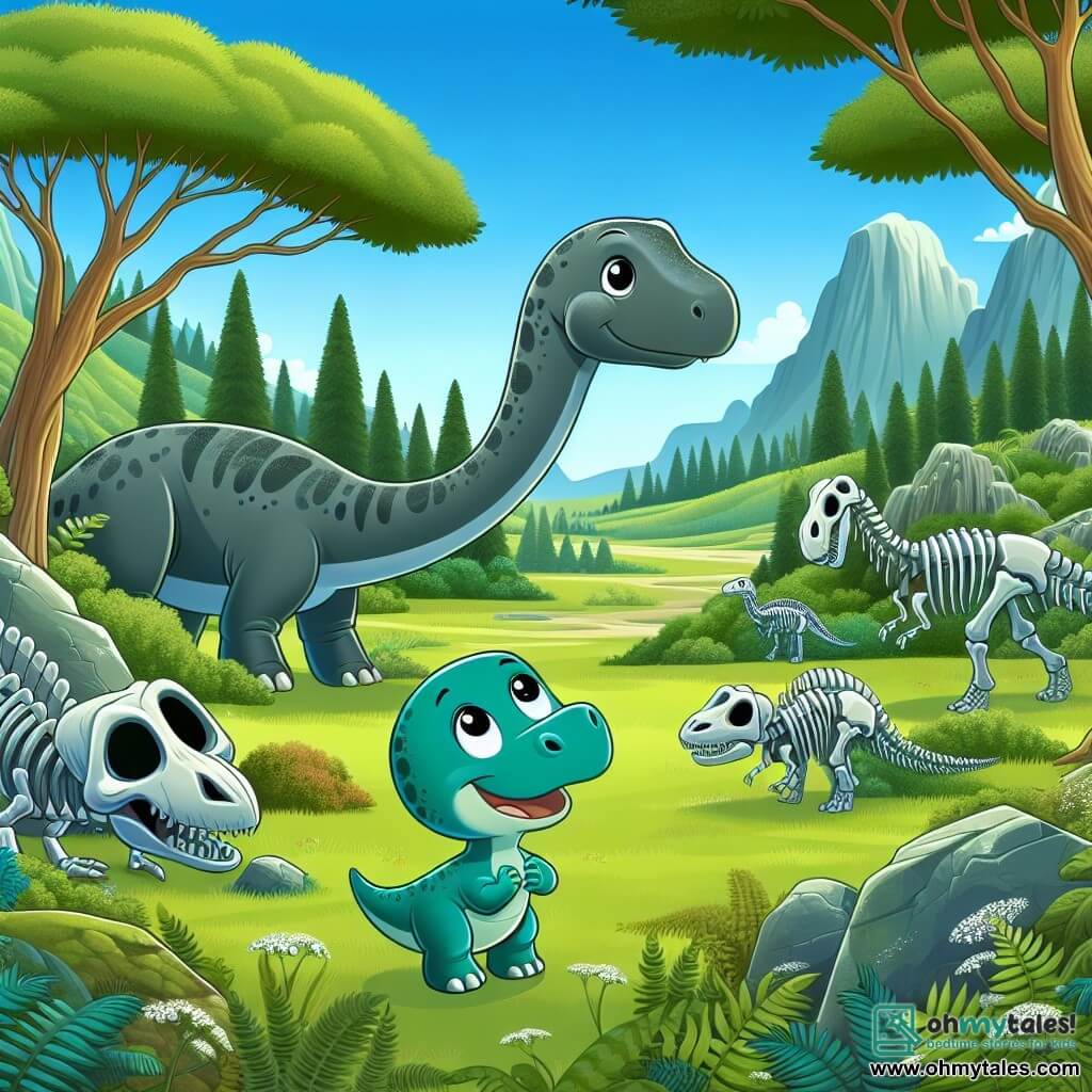 Une illustration destinée aux enfants représentant un jeune diplodocus curieux découvrant un mystérieux vallon jonché d'immenses squelettes de dinosaures, accompagné d'une joyeuse troodon aux yeux pétillants, dans une vallée verdoyante bordée de majestueux arbres et de rochers anciens.