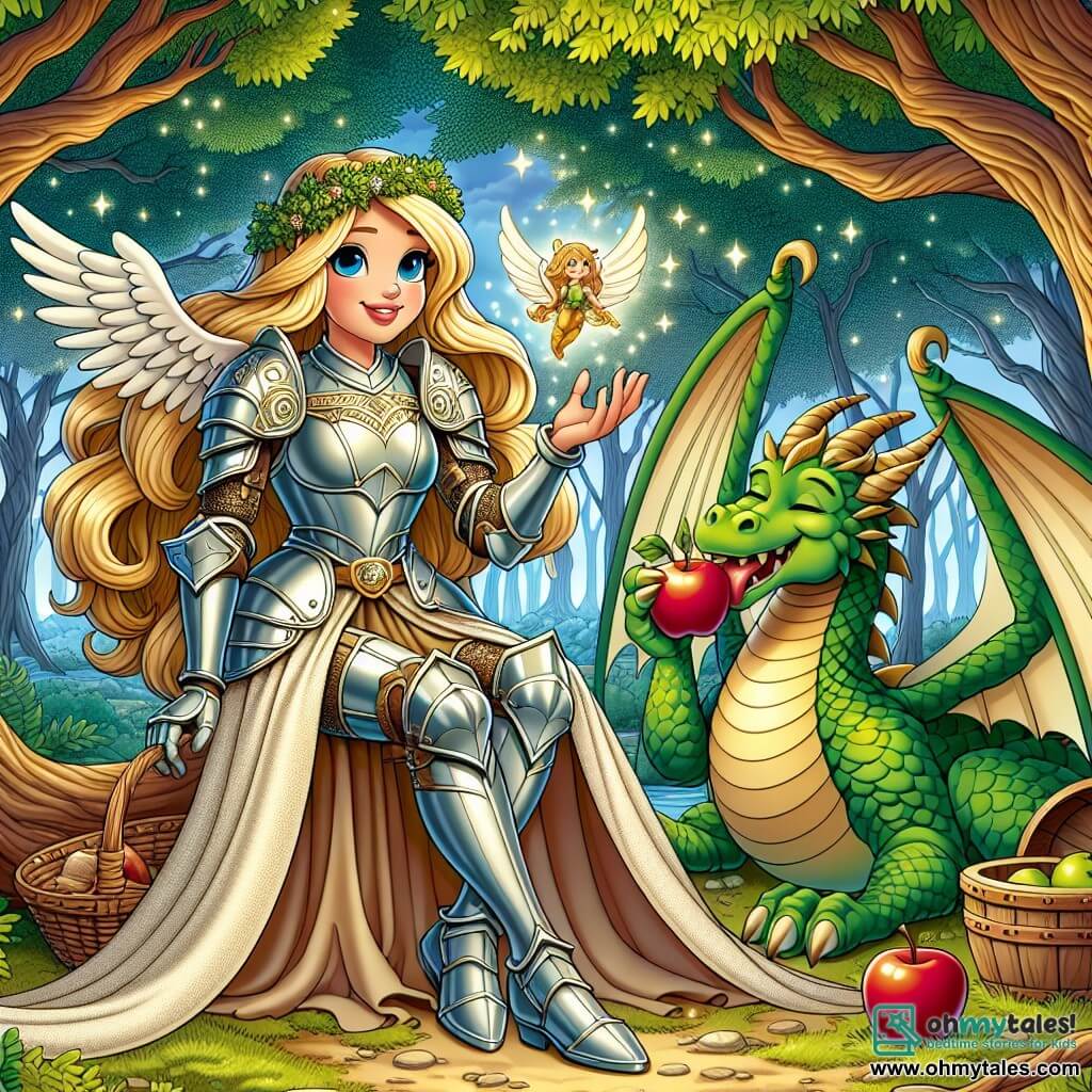 Une illustration sous forme de dessin destinée aux enfants représentant une forêt enchantée avec des arbres majestueux aux feuilles brillantes, où une courageuse chevaleresse aux cheveux longs et dorés, vêtue d'une armure étincelante, tient un brillant gemme magique dans sa main tout en souriant, tandis qu'un dragon aux écailles vert émeraude, assis à ses côtés, croque joyeusement une pomme, illustrant un moment de paix et d'amitié entre eux après une quête héroïque.