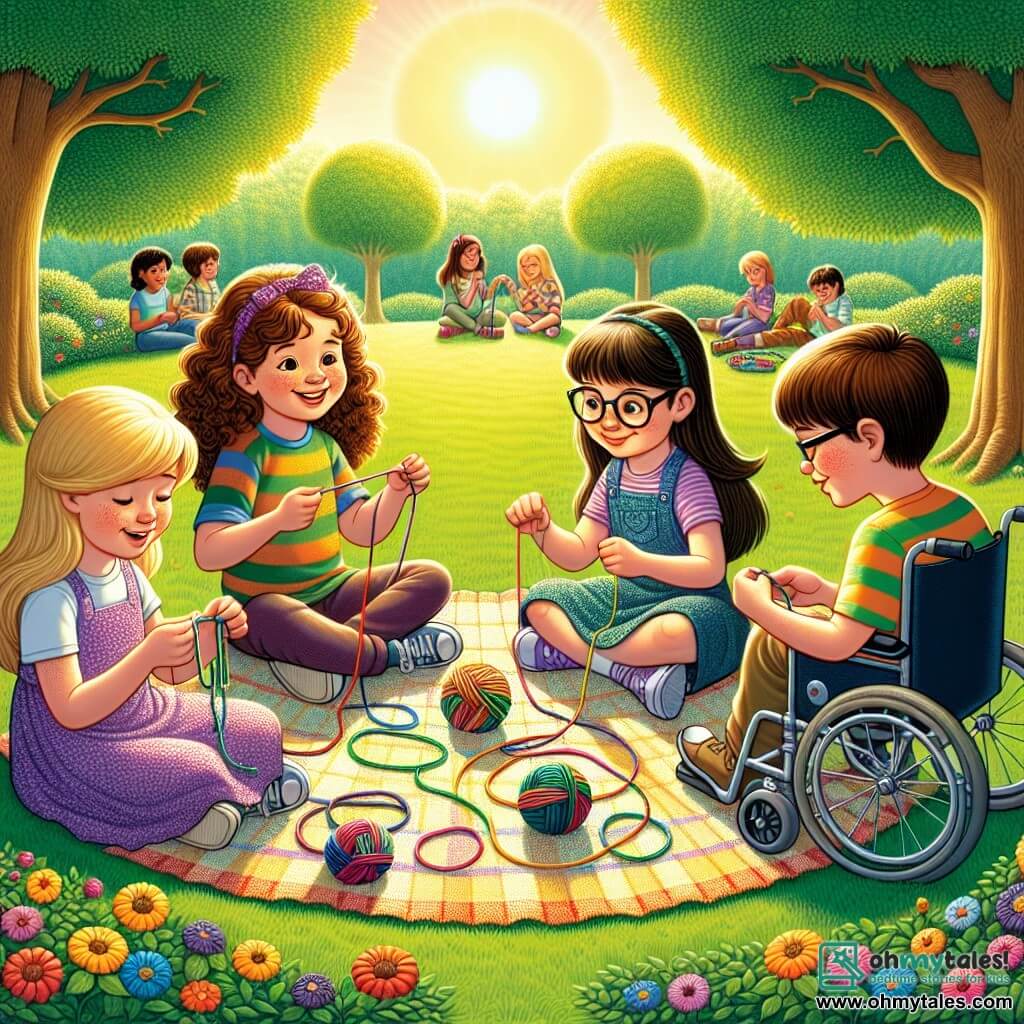 An illustration depicting a sunny afternoon in a lush park, with tall trees and vibrant green grass. In the center, four children sit in a circle on a colorful picnic blanket. A 10-year-old boy with curly brown hair and a bright smile holds a ball of colorful threads. Next to him, a 9-year-old girl with long, smooth hair in a purple dress attentively watches the threads. Another 10-year-old boy in a wheelchair, wearing glasses and a striped t-shirt, smiles while holding a bracelet he is making. Finally, a 9-year-old girl with short hair and glasses leans forward, focused on her bracelet. The scene shows the children creating friendship bracelets, their faces lit up with joy and excitement as they share this moment together, surrounded by colorful flowers and fluttering butterflies, adding a touch of magic to the atmosphere.