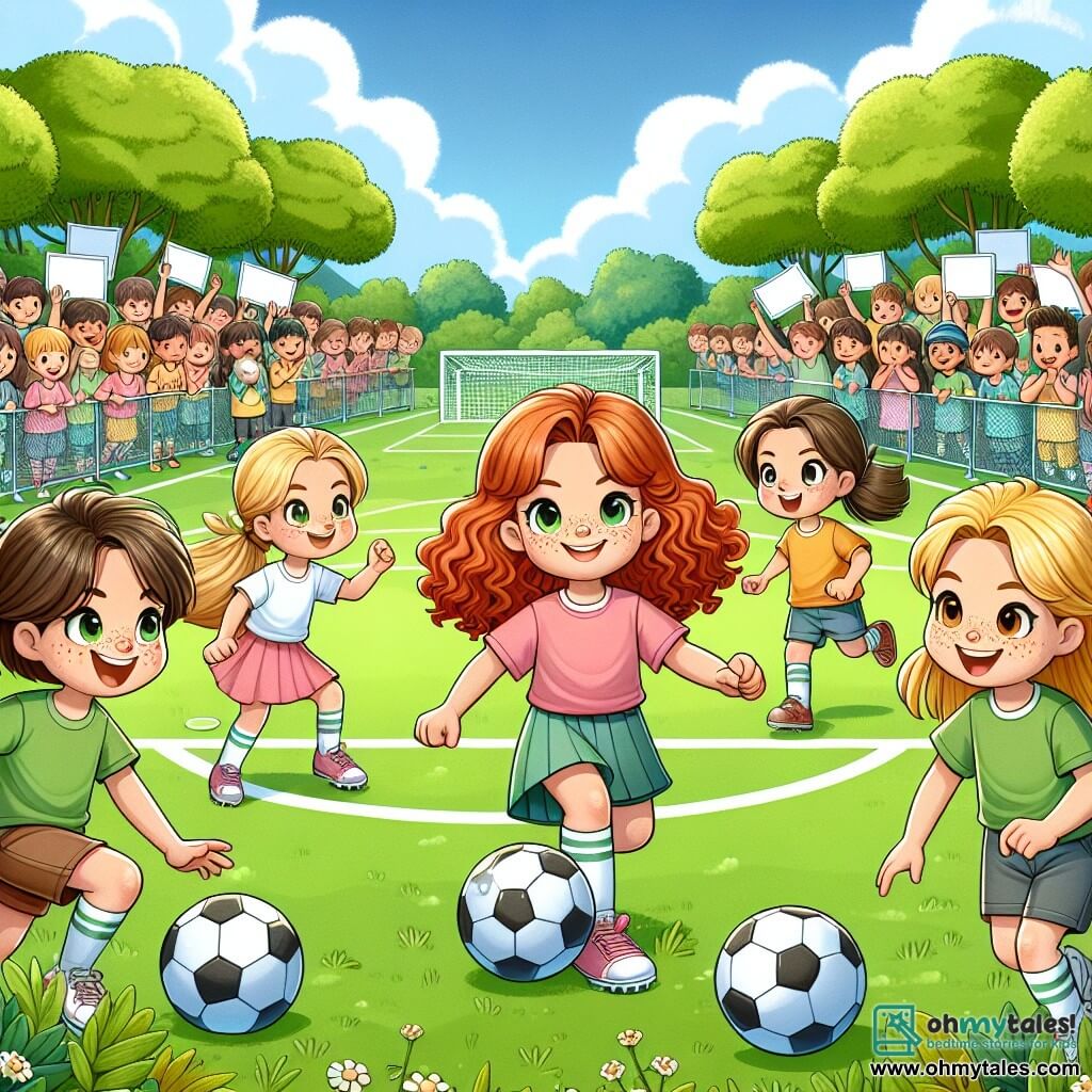An illustration depicting a sunny soccer field surrounded by lush trees and an enthusiastic crowd of classmates. In the center, four seven-year-old girls are ready to play: one has curly auburn hair and freckles, smiling with determination; the second, with long blonde hair, has a focused expression, ready to kick the ball; the third, with smooth brown hair, is warming up, raising her arms energetically; and the fourth, with chestnut hair in a ponytail, is in a goalkeeper position, alert to the game. The main scene shows the girls in action, with one dribbling the ball while the boys from the opposing team watch with surprise and admiration. In the background, classmates hold up supportive signs, and soccer balls are scattered across the field. The sky is blue with a few white clouds, adding a cheerful touch to the atmosphere of camaraderie and equality.