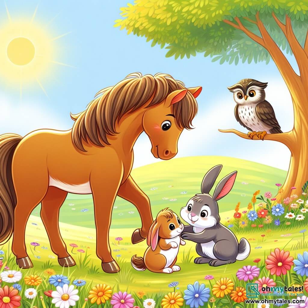 Une illustration sous forme de dessin destinée aux enfants représentant un vaste pré ensoleillé parsemé de fleurs colorées, où un cheval à la robe châtaigne brillante et à la crinière soyeuse se penche avec douceur pour aider une petite lapine aux grandes oreilles, tandis qu'un hibou sage aux plumes grises les observe depuis une branche d'arbre, le tout dans une atmosphère joyeuse et amicale, illustrant l'esprit de camaraderie et de solidarité entre les animaux.