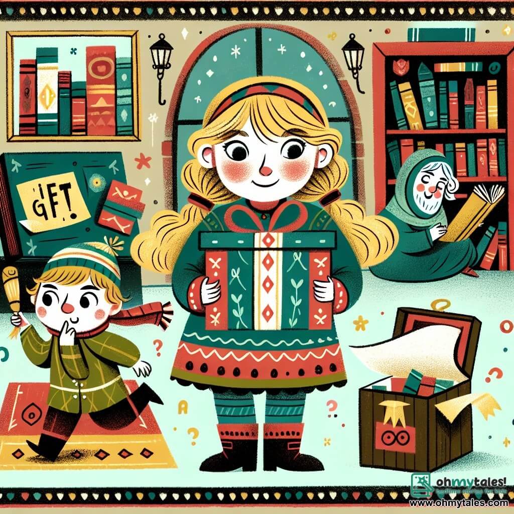 Une illustration destinée aux enfants représentant une fillette curieuse, une mystérieuse boîte cadeau, son petit frère enthousiaste, et une bibliothèque chaleureuse remplie de livres colorés et d'aventures.