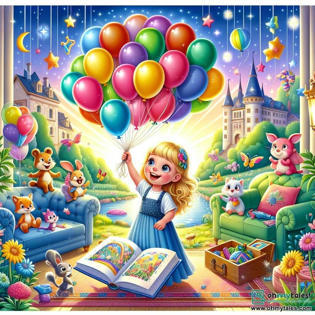 Une illustration destinée aux enfants représentant une jeune fille joyeuse, entourée de ballons colorés, découvrant un mystérieux livre magique avec des animaux parlants dans un salon enchanté rempli de meubles volants, dans la petite ville de Sunnyville, illuminée par un soleil éclatant.