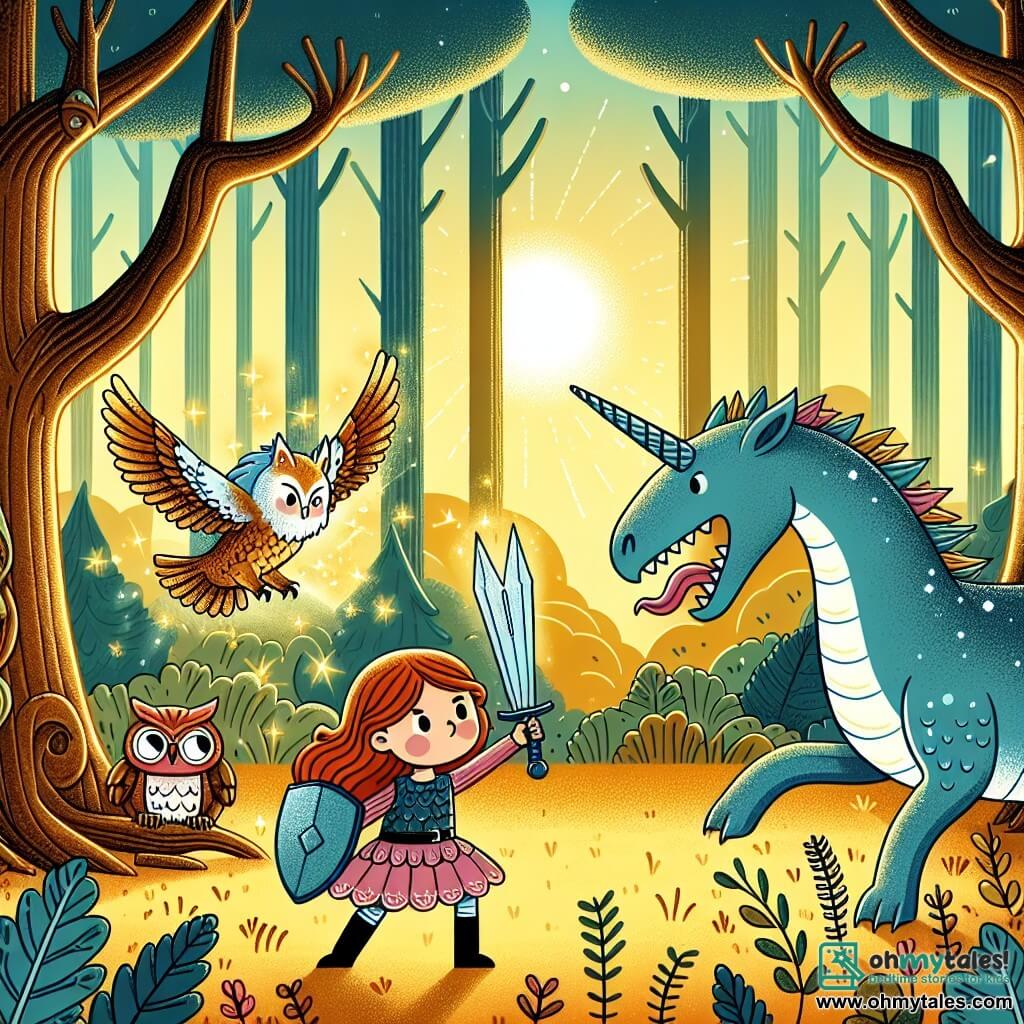 Une illustration destinée aux enfants représentant une licorne fillette, courageuse et étincelante, affrontant un dragon féroce avec l'aide d'un hibou sage, dans une forêt enchantée aux arbres anciens et aux clairières baignées de lumière dorée.