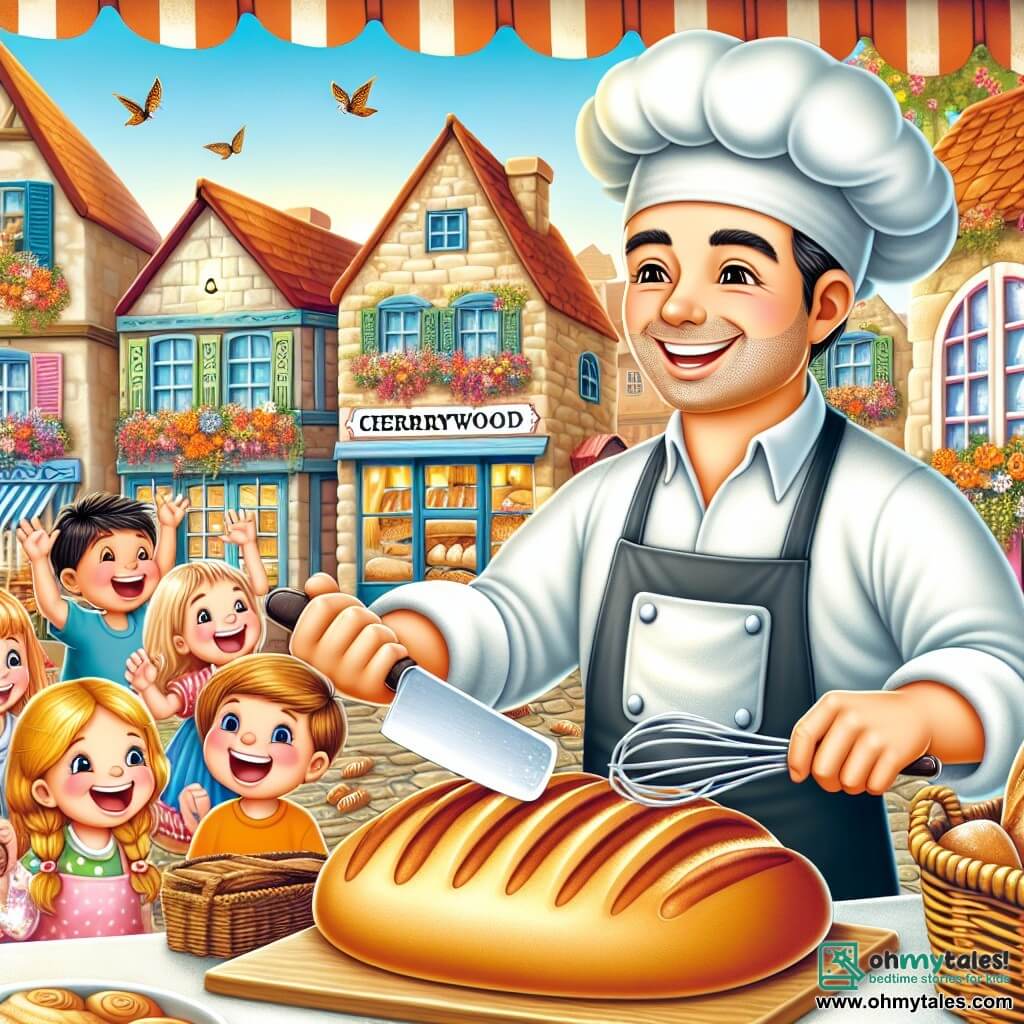 Une illustration destinée aux enfants représentant un homme passionné de boulangerie, aidé par des enfants joyeux, dans une boulangerie chaleureuse et animée de Cherrywood, une petite ville aux maisons colorées et aux ruelles pavées bordées de fleurs.