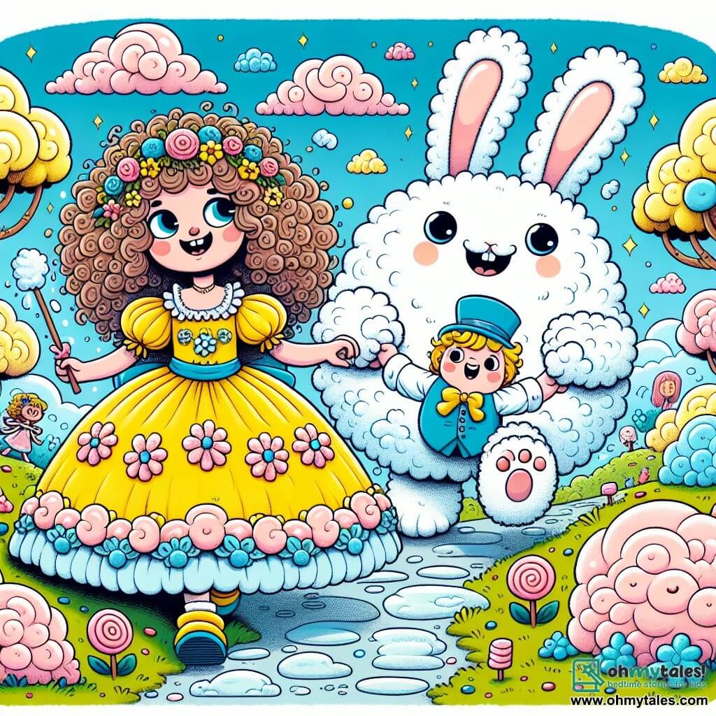 Une illustration sous forme de dessin destinée aux enfants représentant un paysage enchanteur de l'île des Rires, avec des arbres en bonbons colorés et des nuages moelleux flottant au-dessus, où une princesse aux cheveux bouclés et aux yeux pétillants, vêtue d'une robe jaune ornée de petites marguerites, s'amuse à jouer avec un petit lapin en veste bleue, tandis qu'un drôle de Fuzzlebump aux grands yeux globuleux et au corps duveteux les rejoint en sautillant, tous riant ensemble dans une ambiance joyeuse et magique, entourés de marshmallows et de rires.