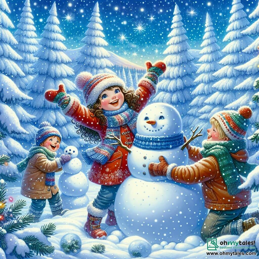 An illustration depicting a magical winter scene in the village of Frostwood, where tall fir trees are covered in a thick layer of sparkling snow. The sky is a light blue, dotted with gently falling snowflakes, creating a fairy-tale atmosphere. 

In the center of the image, an 11-year-old girl with curly brown hair wears a bright red coat, a knitted wool hat, and colorful mittens. She is joyfully laughing, arms raised, making a snowball for a friendly snowball fight. 

Next to her, two boys around 10 years old, one with blond hair and a blue scarf, and the other with brown hair and a green hat, are building a large snowman. Their faces are lit up with excitement as they laugh together while placing branches for the snowman's arms. 

The scene captures the spirit of camaraderie and joy of winter, with snowflakes dancing around them and a large smiling snowman in the background, decorated with a carrot for a nose and stones for eyes. Footprints in the snow lead to snow-covered hills, suggesting more adventures to come.