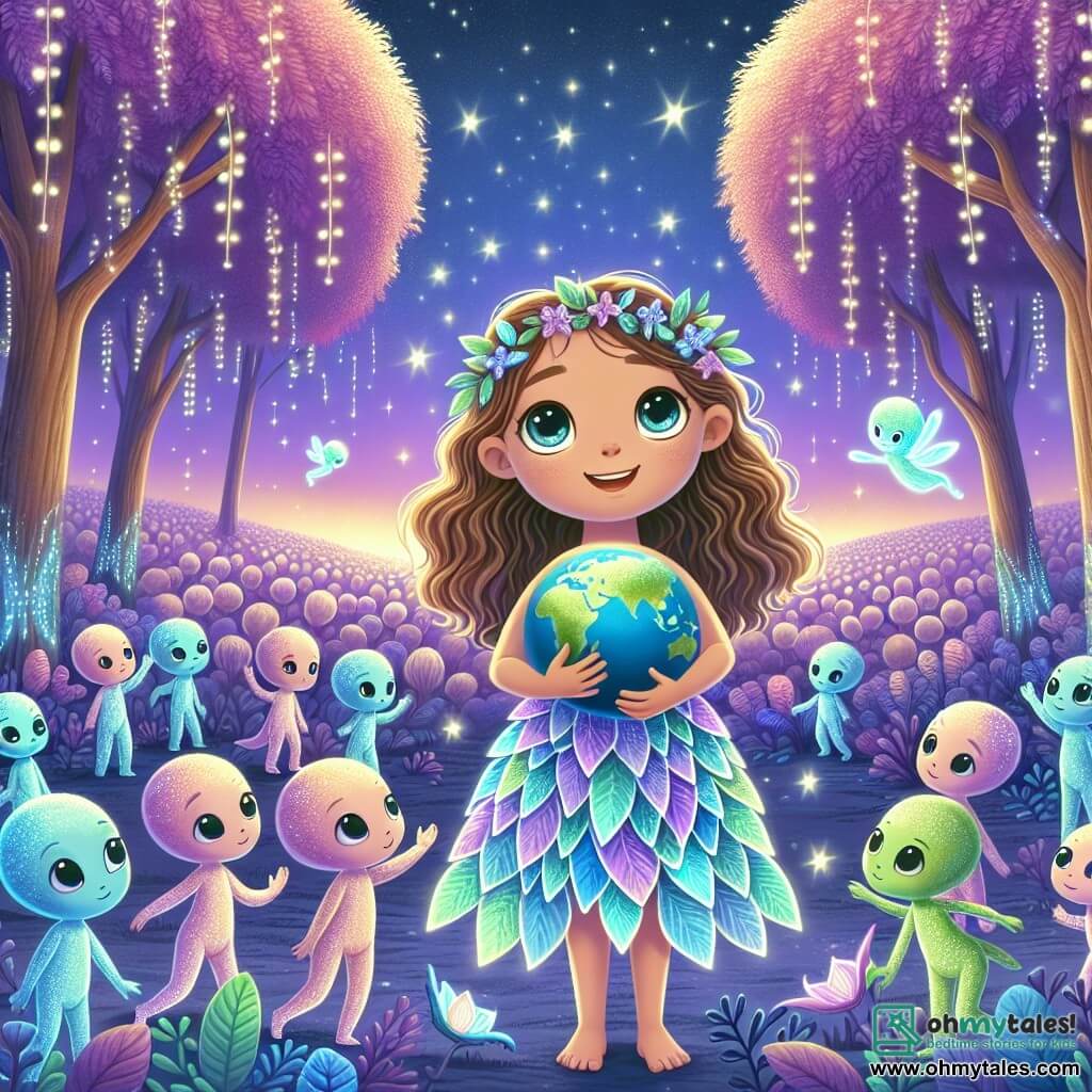 An illustration depicting a vibrant scene on the planet Virellia, where majestic trees with iridescent leaves rise toward a lavender sky dotted with twinkling stars. In the center, an 11-year-old girl with wavy brown hair and sparkling curious eyes joyfully smiles while holding a globe in her hands. She wears a dress made of glowing leaves that softly shine in the dark. Beside her, a group of Virellians, beings with changing skin and wide eyes, express their amazement, some dancing gracefully while others closely observe the globe. The main situation shows the girl sharing stories of Earth with her new alien friends, while Lumiglows, small bioluminescent creatures, fly around them, illuminating the scene with their magical glow. Additional graphic elements include patterns of glowing flowers on the ground and sparkling crystals hanging from the branches of the trees, creating a fairy-tale and welcoming atmosphere.