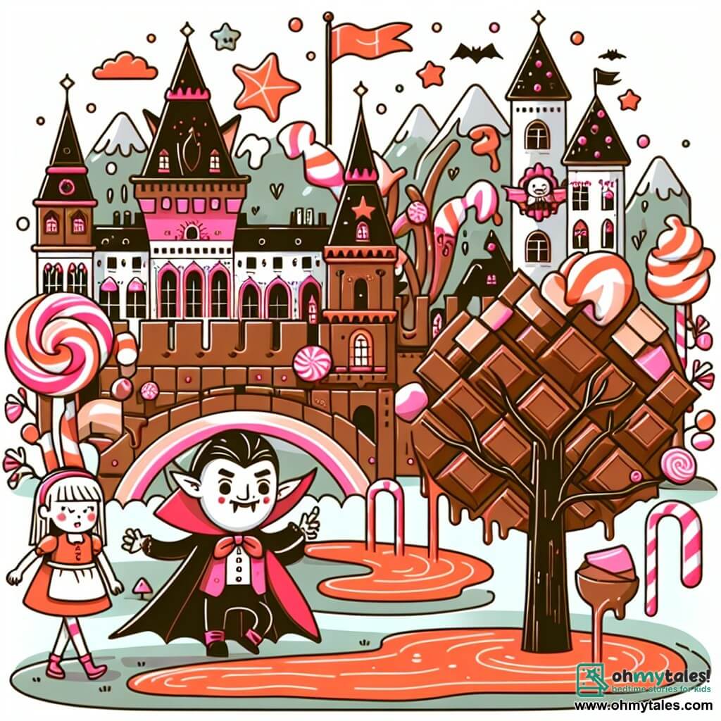 Une illustration destinée aux enfants représentant un vampire rigolo qui vit dans un château en chocolat, accompagné d'une jeune fille curieuse, dans une ville féerique où les arbres sont faits de cannes en sucre, les rivières de chocolat fondu et où des guimauves arc-en-ciel flottent doucement dans le ciel.