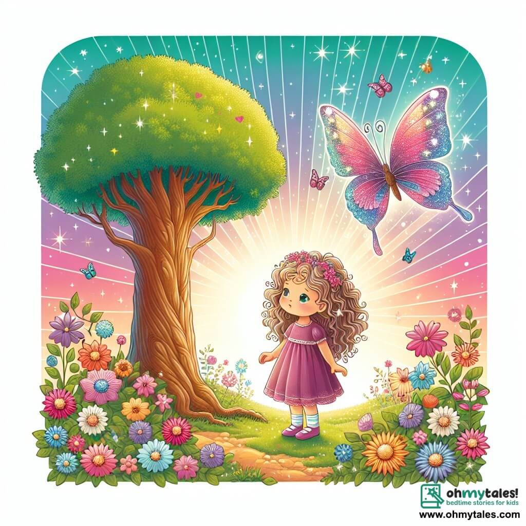 Une illustration destinée aux enfants représentant une jeune fille aux cheveux bouclés, debout près d'un arbre majestueux, tandis qu'un papillon aux ailes chatoyantes vole autour d'elle dans un jardin rempli de fleurs colorées et de rayons de soleil étincelants, évoquant la beauté éphémère de la vie et l'importance de trouver la joie même dans les moments de tristesse.