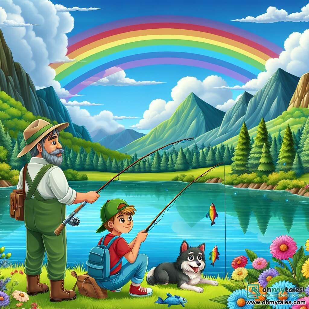 Une illustration destinée aux enfants représentant un garçon aventureux en train de pêcher avec son père, accompagné de son fidèle chien, dans le magnifique lac arc-en-ciel entouré de montagnes verdoyantes et de fleurs colorées.