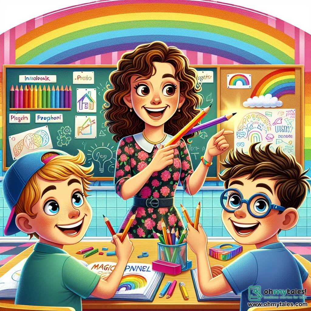Une illustration sous forme de dessin destinée aux enfants représentant une salle de classe colorée de Rainbow Academy, avec des murs peints en arc-en-ciel et des fenêtres laissant passer la lumière du soleil, où une institutrice souriante aux cheveux bouclés et châtains, vêtue d'une robe fleurie, explique avec enthousiasme un projet d'invention à ses élèves, deux garçons aux yeux pétillants : l'un portant une casquette bleue et l'autre avec des lunettes épaisses, tous deux captivés par l'idée de créer un crayon magique qui rend les devoirs amusants, entourés de dessins et de prototypes colorés sur leurs bureaux.