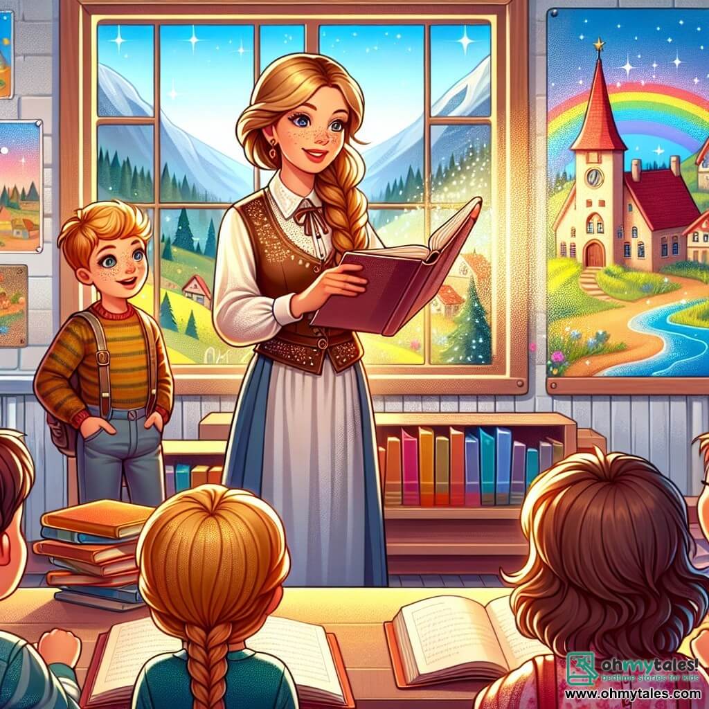 Une illustration destinée aux enfants représentant une jeune femme institutrice chaleureuse lisant une histoire magique à ses élèves curieux dans une salle de classe colorée et accueillante, avec en second plan un garçon aventureux aux taches de rousseur sur les joues, se déroulant dans la petite ville ensoleillée de Sunnyville.