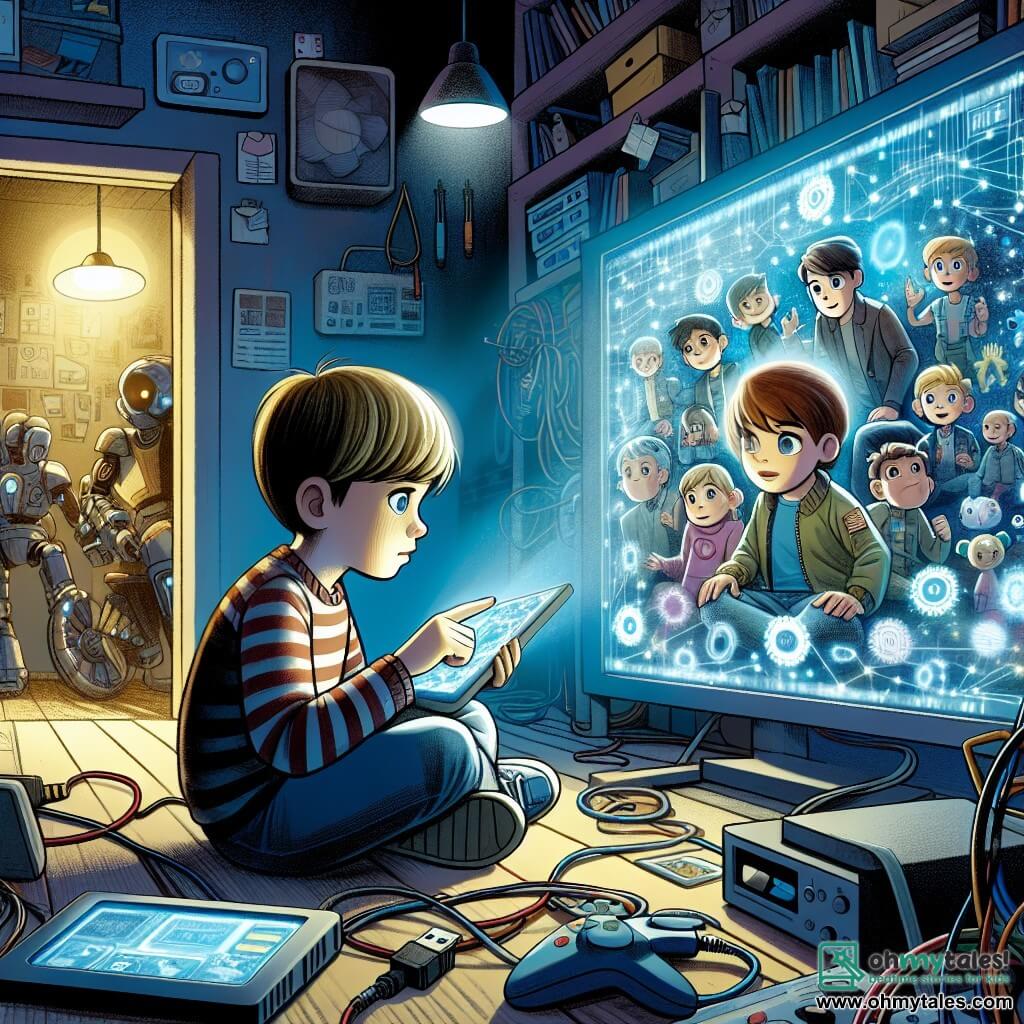 Une illustration destinée aux enfants représentant un jeune garçon captivé par un écran, entouré de personnages virtuels, dans une chambre sombre remplie de fils électriques et de gadgets électroniques.