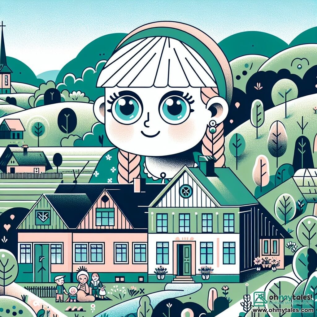 Une illustration destinée aux enfants représentant une fillette aux yeux brillants vivant dans une modeste maison avec sa famille, un petit frère et ses parents aimants, dans une petite ville entourée de collines verdoyantes.