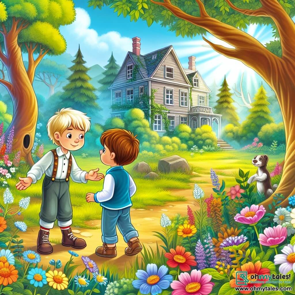 Une illustration destinée aux enfants représentant un jeune garçon plein de curiosité, faisant la rencontre d'un nouvel ami dans un parc ensoleillé, entouré de fleurs colorées et d'arbres majestueux, tandis qu'au loin, une maison abandonnée intrigue leur imagination aventureuse.