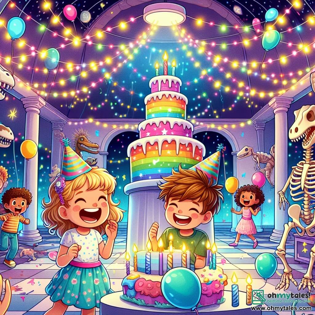 An illustration depicting a magical scene in a colorful museum filled with twinkling lights and birthday decorations. In the center, a nine-year-old boy with messy brown hair and a big smile joyfully dances with a five-year-old girl with curly blonde hair, who is laughing heartily. They are surrounded by animated dinosaur skeletons that are also dancing, adding a whimsical touch to the atmosphere. In the background, a huge rainbow cake, adorned with sparkling candles, sits on a table, while multicolored balloons float from the ceiling. Children of various ages and backgrounds join the celebration, all smiling and captivated by the magic of this birthday moment.