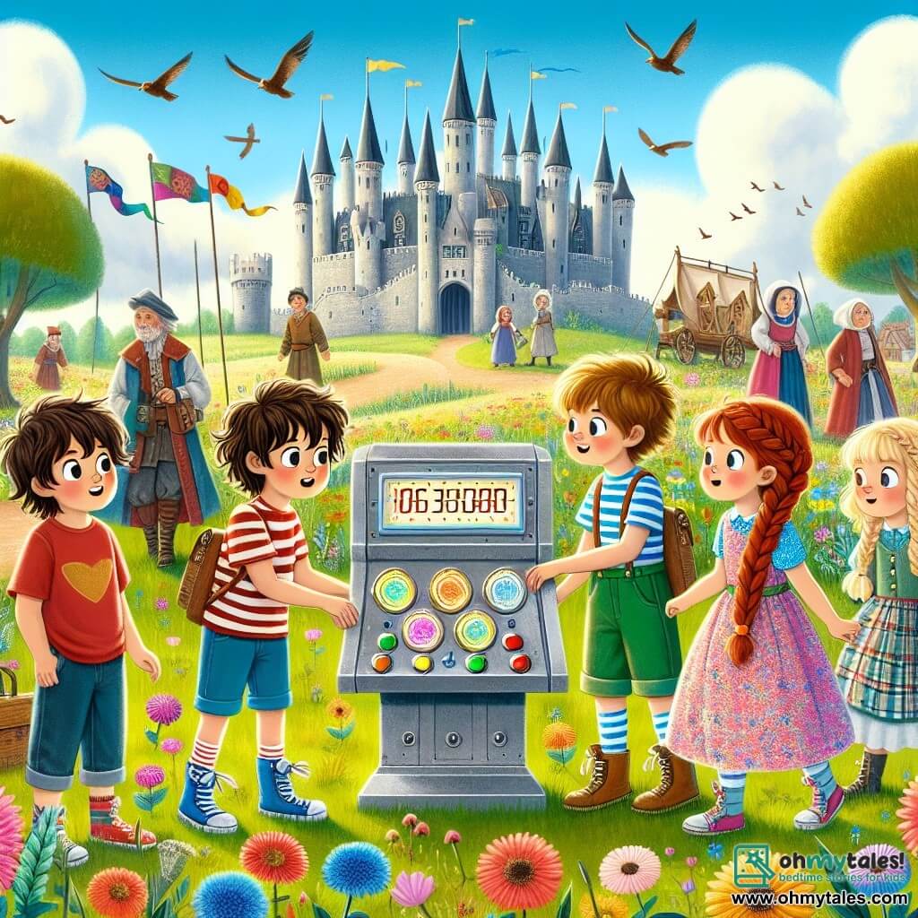 An illustration depicting a group of four children in a sunny field, surrounded by colorful flowers and majestic trees. In the background, a medieval castle with pointed towers and fluttering flags stands under a clear blue sky dotted with fluffy white clouds. Two six-year-old boys are present: one has messy brown hair and wears a red t-shirt with blue shorts, while the other has blond hair and wears a striped shirt with green pants. The two girls, also six years old, are there: one has braided chestnut hair and wears a pink dress, and the other has curly blond hair and a floral dress. The children are gathered around a time machine, a strange invention made of shiny metal with colorful buttons and flashing lights. They display expressions of wonder and excitement, ready to press a button to start their adventure. Birds fly in the sky and villagers in medieval costumes move in the background, adding a touch of life to the scene.
