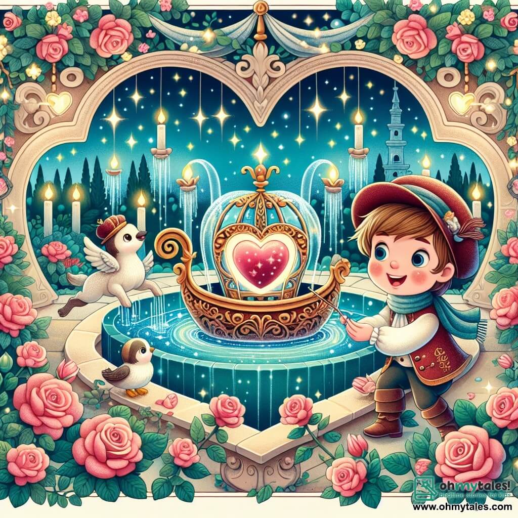 Une illustration destinée aux enfants représentant un jeune garçon curieux et joyeux découvrant un mystérieux bateau d'amour dans une fontaine enchantée, accompagné de ses amis animaux adorables, dans un jardin magique illuminé de lumières scintillantes et embaumant les roses.