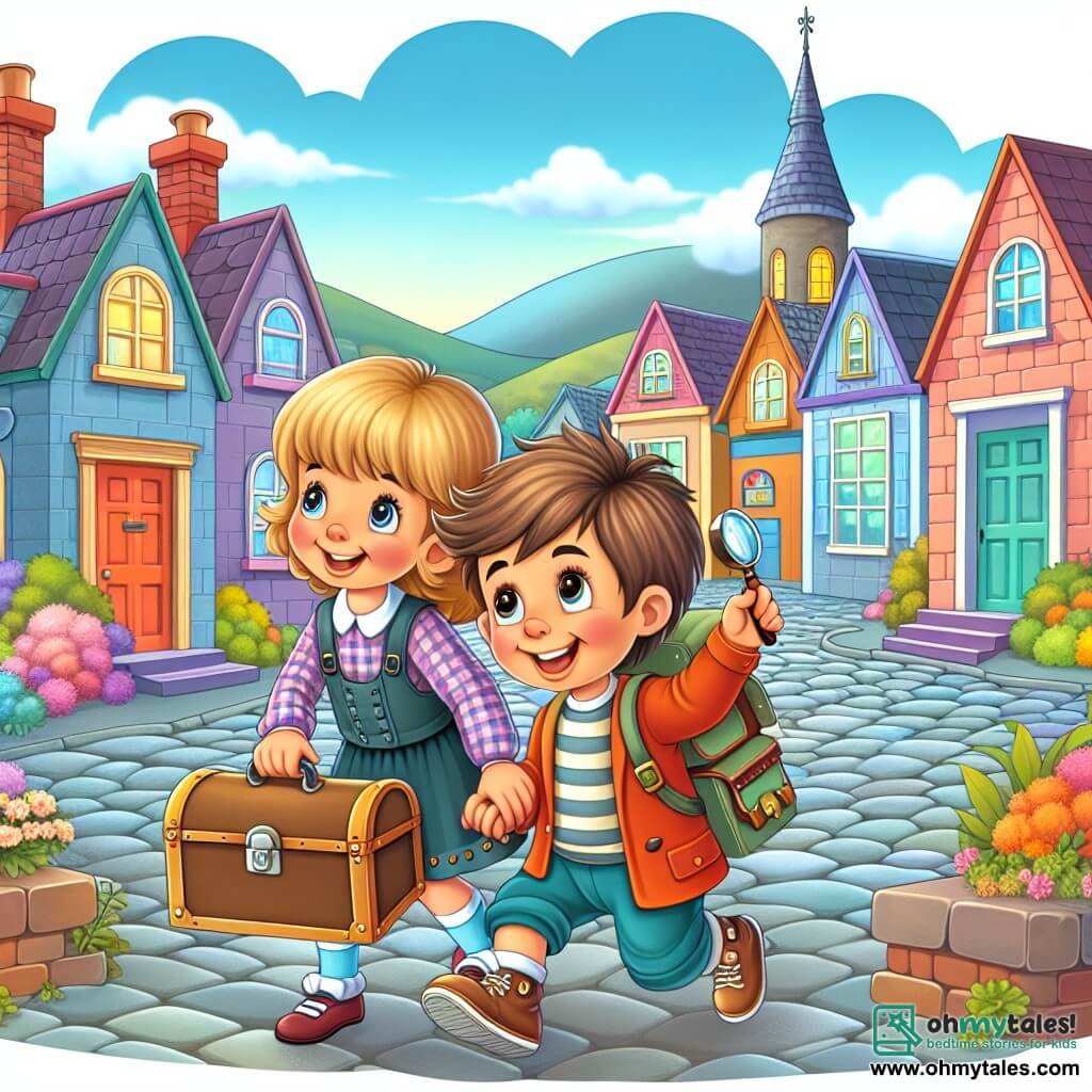 Une illustration destinée aux enfants représentant un garçon énergique et curieux, accompagné de son amie, une fille joyeuse et débrouillarde, à la recherche du cadeau parfait pour la fête des mères dans la charmante ville de Willowville, avec des ruelles pavées et des maisons colorées aux jardins fleuris.