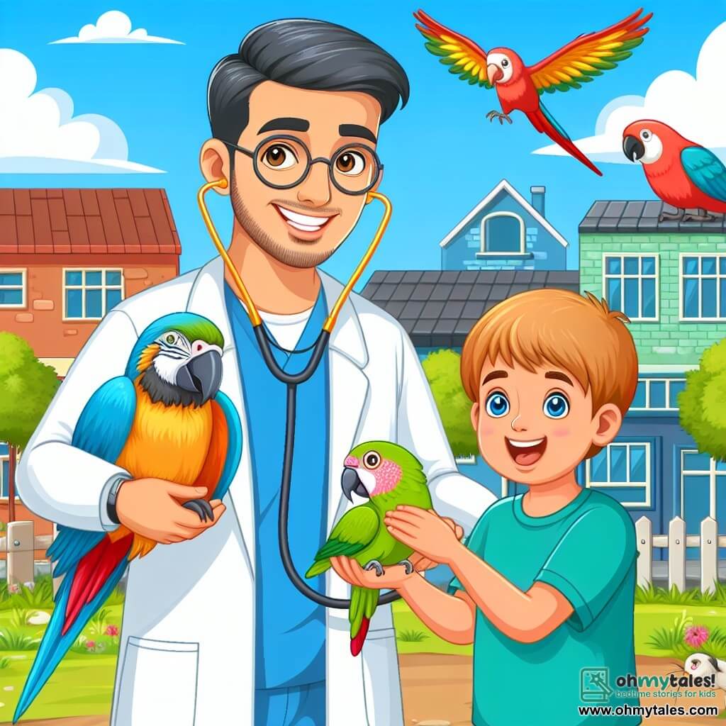 Une illustration destinée aux enfants représentant un vétérinaire homme attentionné soignant un perroquet exotique malade, accompagné d'un garçon passionné par les animaux, dans une petite ville colorée et animée appelée Green Meadows.
