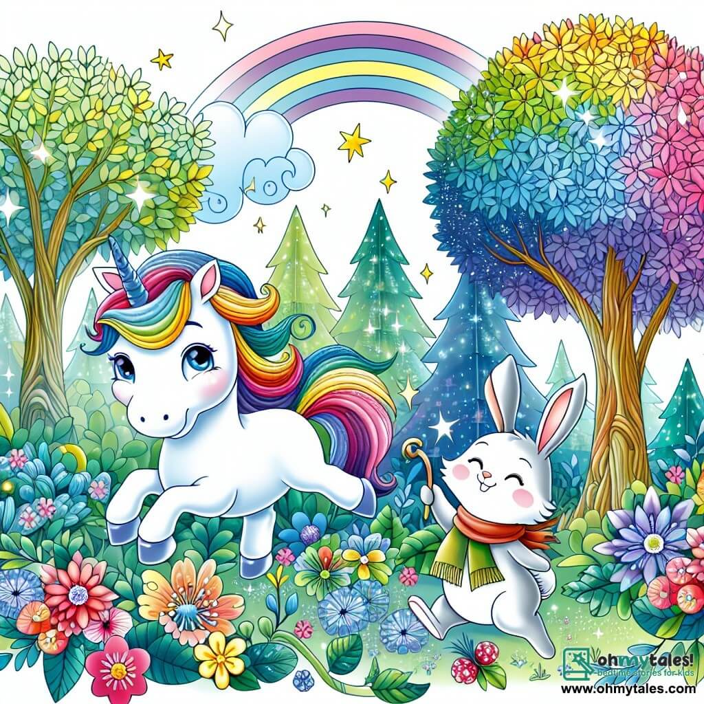 Une illustration destinée aux enfants représentant une licorne joyeuse et espiègle, accompagnée d'un petit lapin malicieux, dans une forêt enchantée remplie de fleurs multicolores et d'arbres aux feuilles scintillantes.