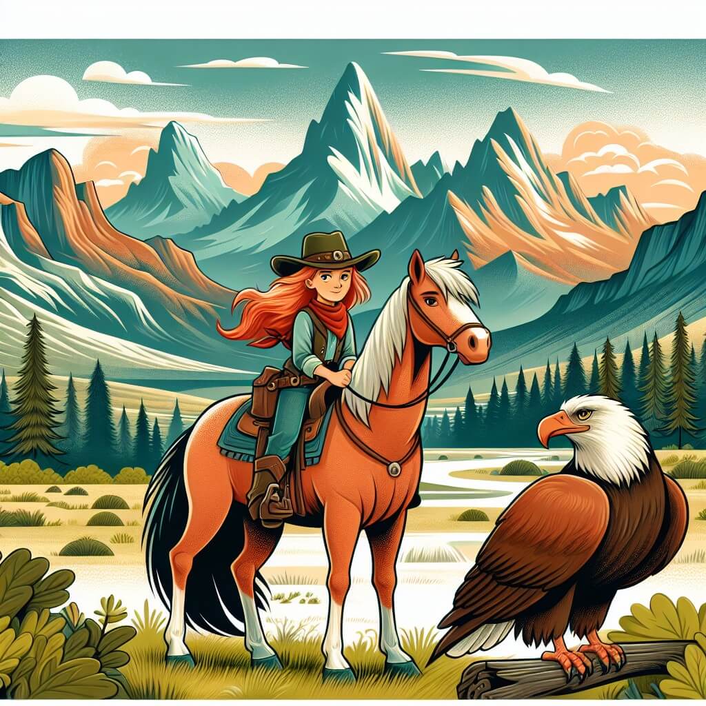 Une illustration destinée aux enfants représentant une jeune cowgirl audacieuse, aux cheveux flamboyants, se tenant fièrement sur le dos de son fidèle cheval, accompagnée d'un majestueux aigle blessé, dans les vastes plaines sauvages de l'Ouest américain, où montagnes majestueuses, déserts arides et forêts denses se fondent en un paysage d'une beauté saisissante.