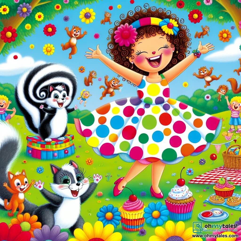Illustration destinée aux enfants représentant une scène colorée et joyeuse dans le parc de Giggleville, où des fleurs éclatantes de toutes les couleurs dansent sous un ciel bleu clair. Au centre, une femme joyeuse avec des cheveux bouclés et un sourire éclatant, portant une robe à pois multicolores, utilise son pouvoir comique pour faire rebondir des écureuils malicieux qui tentent de voler des paniers de pique-nique. À ses côtés, un chat aux poils duveteux et aux yeux pétillants, avec des taches blanches et noires, regarde les écureuils avec curiosité, tandis que des enfants rient et applaudissent autour d'eux, créant une atmosphère pleine de rires et de magie. Des paniers de pique-nique colorés sont éparpillés sur l'herbe, et des cupcakes géants trônent sur une table, ajoutant une touche de gourmandise à cette scène amusante et animée.