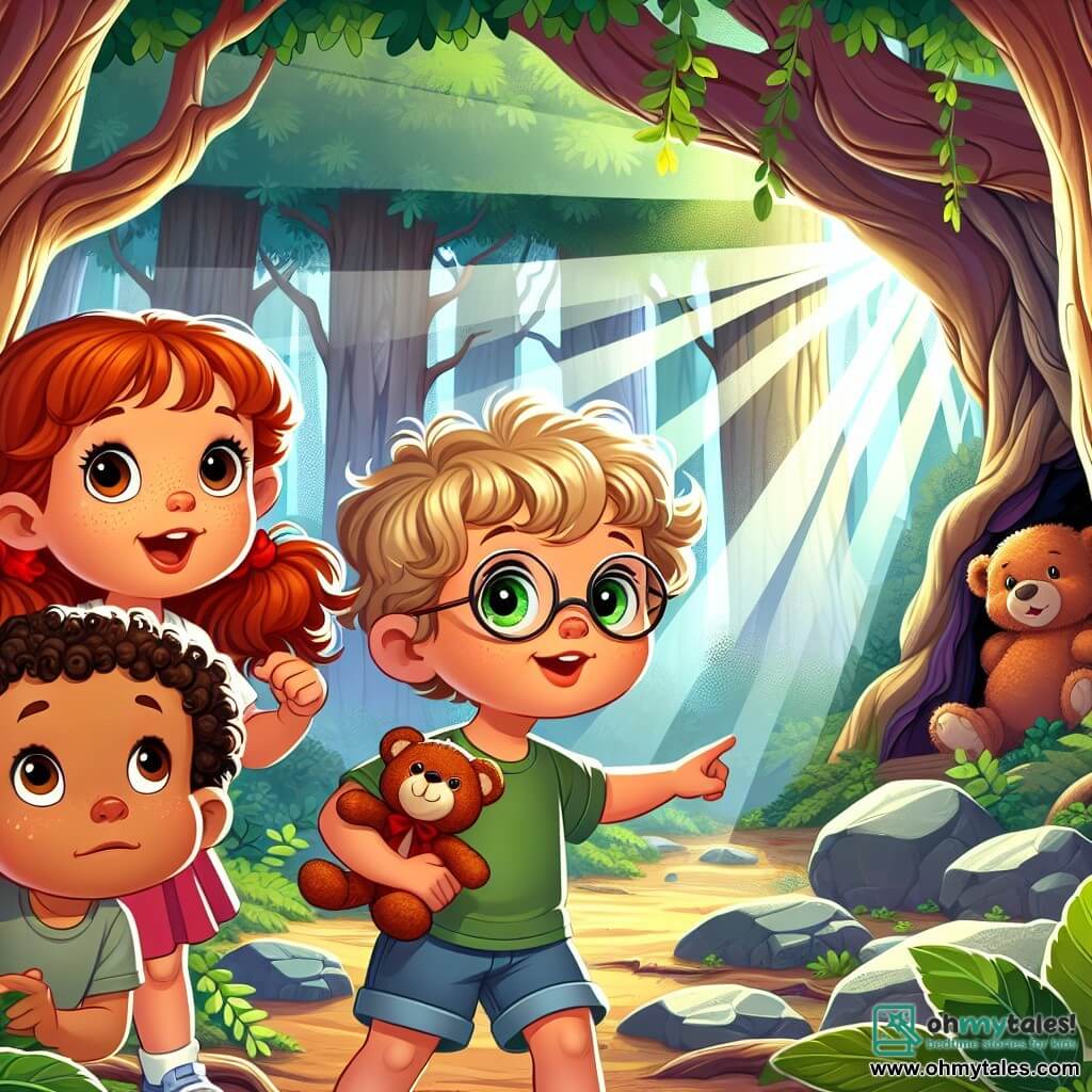 Une illustration sous forme de dessin destinée aux enfants représentant une forêt enchantée avec des arbres majestueux et des rayons de soleil filtrant à travers les feuilles, où une petite fille de 5 ans aux cheveux bouclés bruns et aux yeux pétillants, tenant un ours en peluche, regarde avec détermination un petit garçon aux cheveux blonds et aux lunettes, qui semble inquiet, tandis qu'une petite fille aux pigtails rouges, souriante et pleine d'énergie, pointe vers une grotte mystérieuse où un autre enfant est piégé sous des rochers, illustrant ainsi le moment où les jeunes aventuriers se préparent à sauver leur ami.